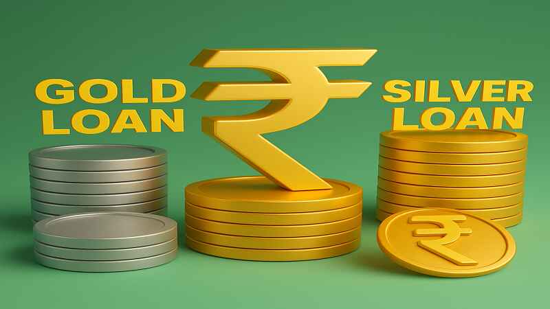 3D digital illustration showing gold and silver coins with a golden Rupee symbol and bold text “Gold Loan” and “Silver Loan” on a green gradient background, representing RBI’s new loan rules.