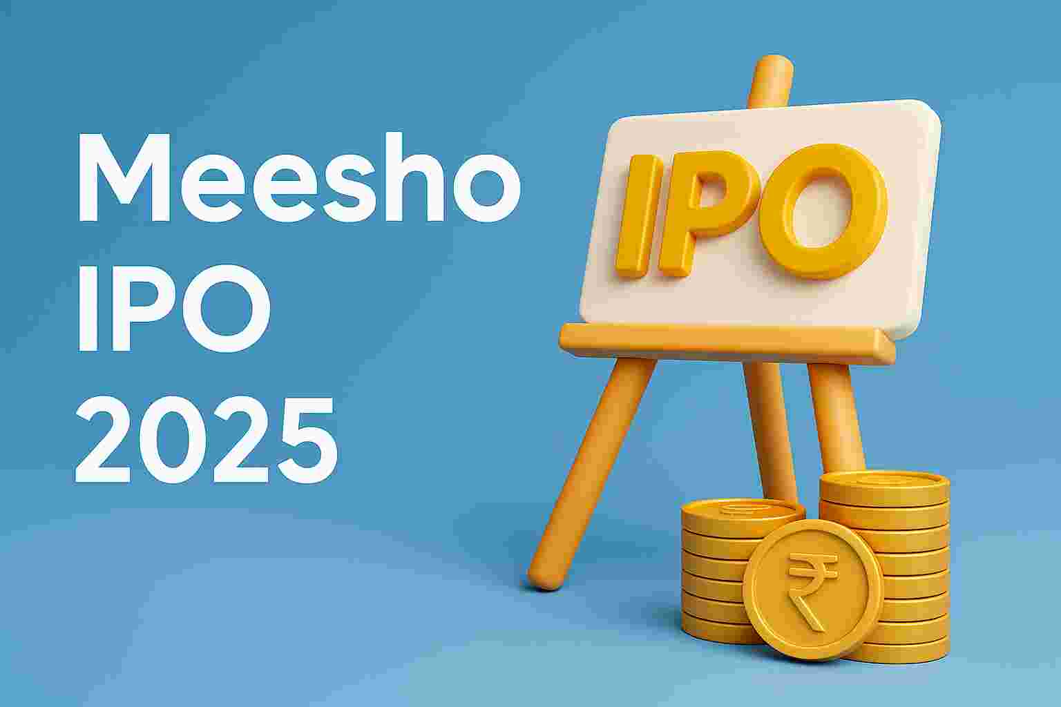 3D illustration showing the text “Meesho IPO 2025” with a golden IPO sign on an easel and stacks of gold coins with Rupee symbols, representing Meesho’s upcoming IPO announcement.