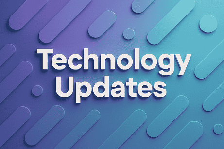 Technology Updates banner with 3D text on a purple-teal gradient background and modern tech-themed geometric shapes.