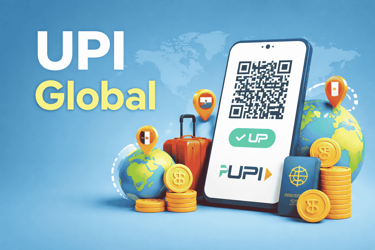 3D illustration showing UPI Global international payments with a smartphone QR code, world map, globe, currency icons, and travel elements representing cross-border UPI transactions.