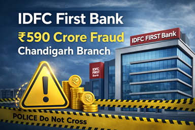 3D news-style illustration showing IDFC First Bank Chandigarh branch with warning symbol, Rupee icon, and text highlighting ₹590 crore fraud, representing a major banking fraud case in India.