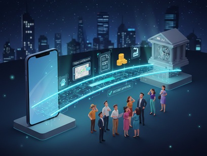 A 3D digital illustration showing the RBI ULI (Unified Lending Interface) platform connecting a user's smartphone to a bank for instant, paperless loan approval using digital records